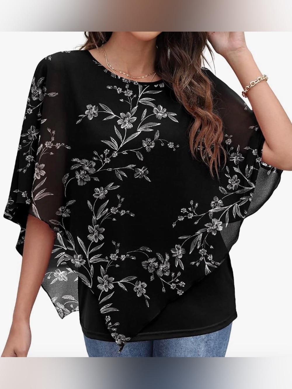 Qixing Summer Casual Loose Round Neck Chiffon Flowy Tops Blouses Sz Small